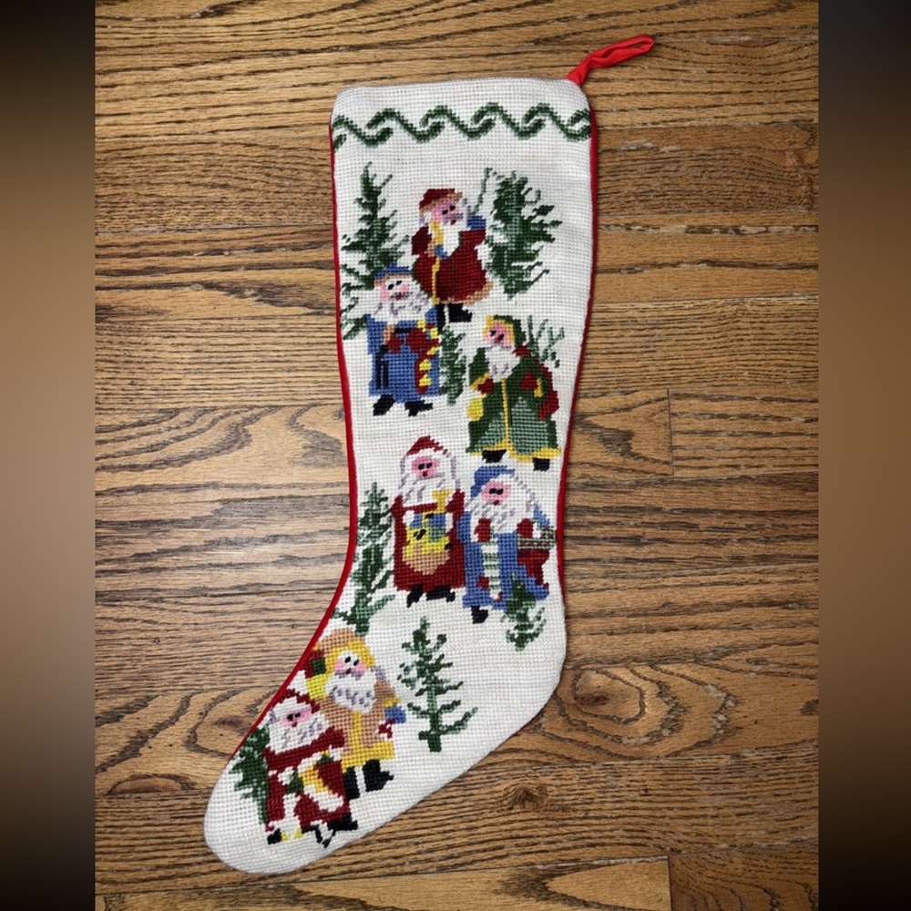 Vintage Needlepoint Christmas Stocking‎ Santa Red Velvet Left Hanging